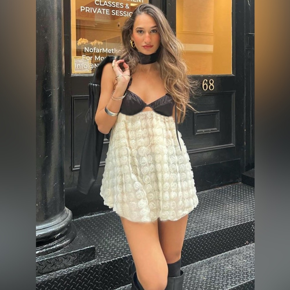 Colorblock Bow Decor Cotrast Mesh Flower Decor Vintage Cami Dress for Women